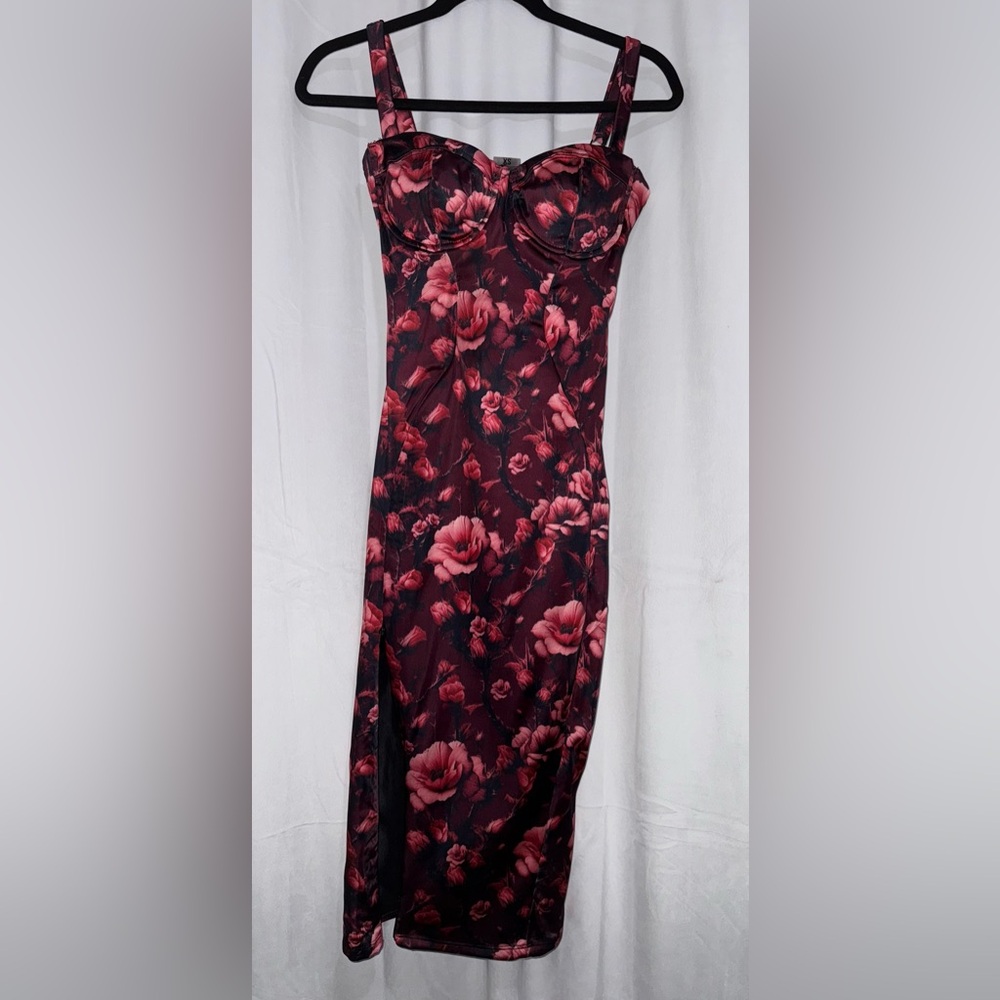 Red and Pink Floral Midi Cocktail Shaping Dress with Adjustable Slit Zipper